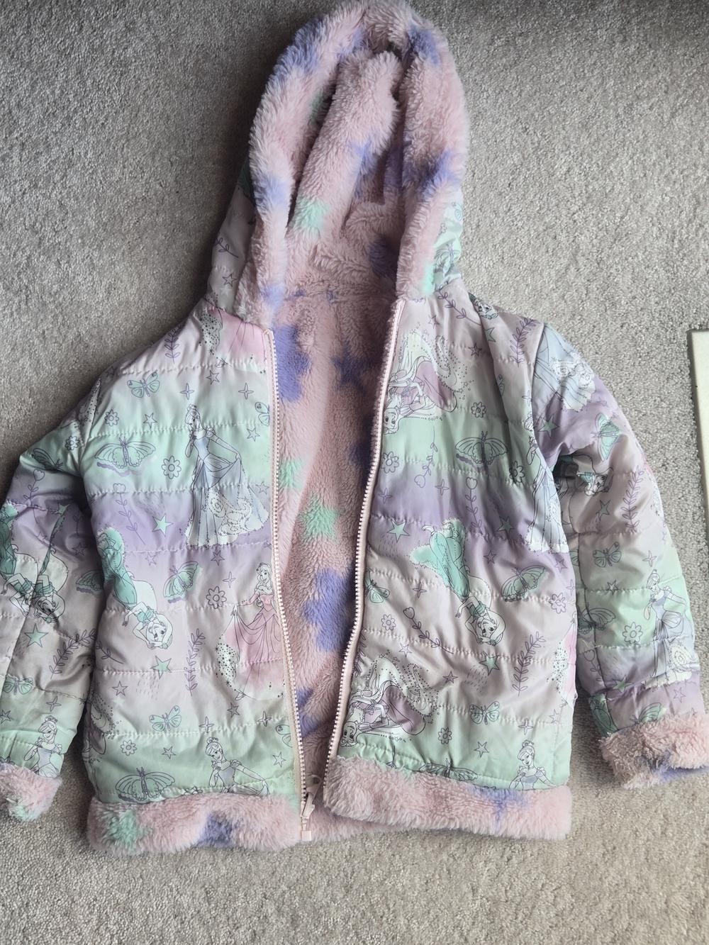Disney Girls' Pastel Princess Hooded Coat Pink, Mint & Lavender Reverisible